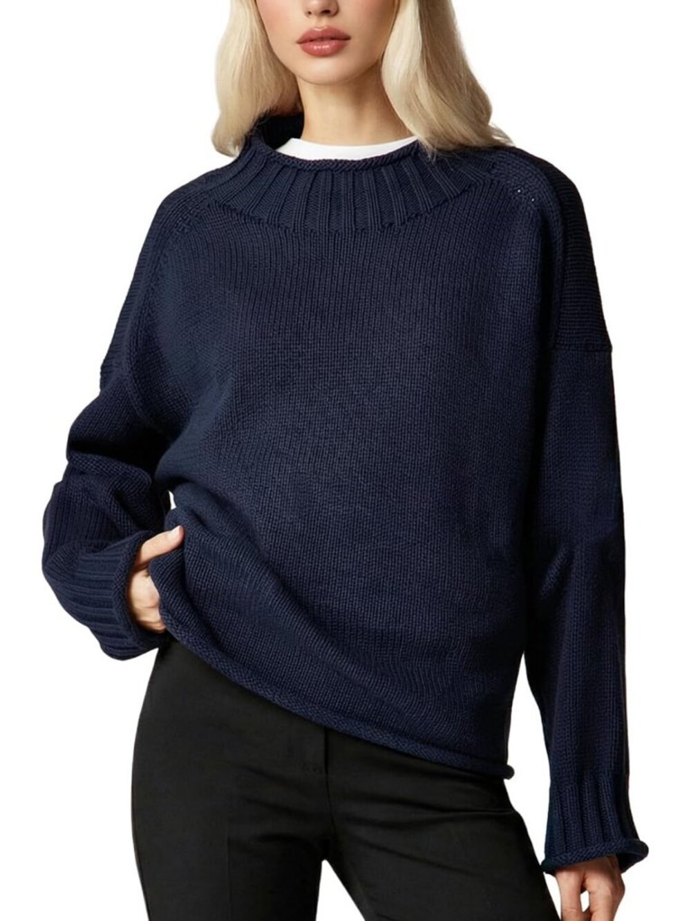 Oversized Rollneck Cotton Sweater for Women - Cozy Knit Pullover 2026